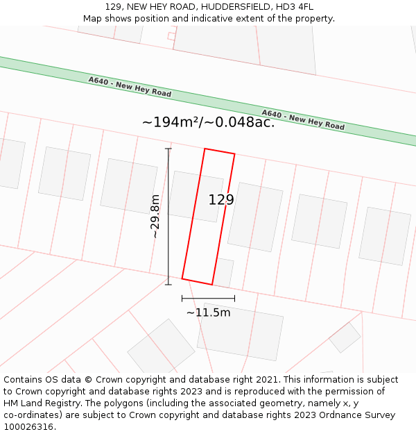 129, NEW HEY ROAD, HUDDERSFIELD, HD3 4FL: Plot and title map