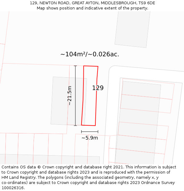 129, NEWTON ROAD, GREAT AYTON, MIDDLESBROUGH, TS9 6DE: Plot and title map