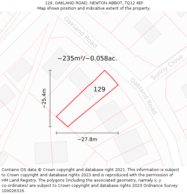 129, OAKLAND ROAD, NEWTON ABBOT, TQ12 4EF: Plot and title map