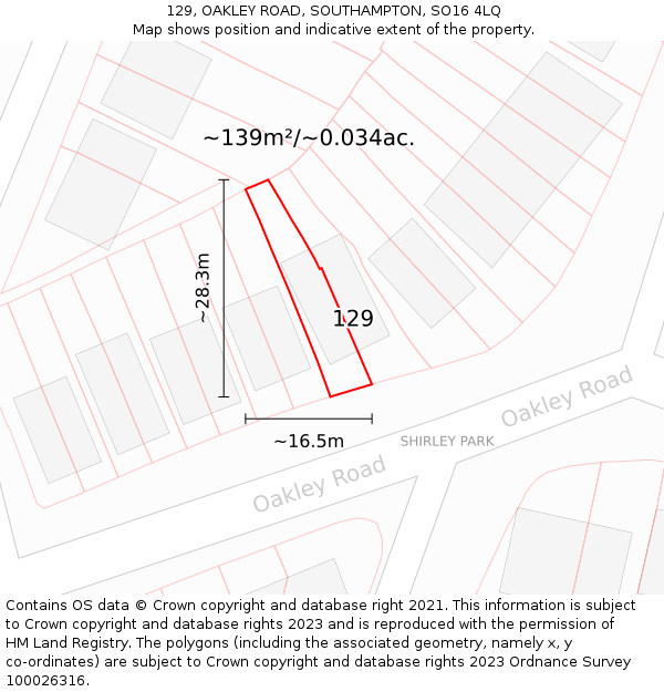 129, OAKLEY ROAD, SOUTHAMPTON, SO16 4LQ: Plot and title map