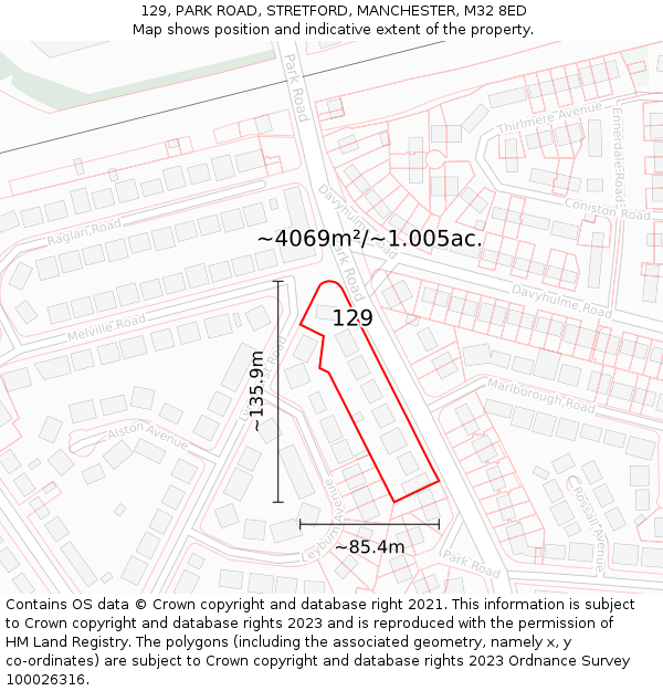 129, PARK ROAD, STRETFORD, MANCHESTER, M32 8ED: Plot and title map