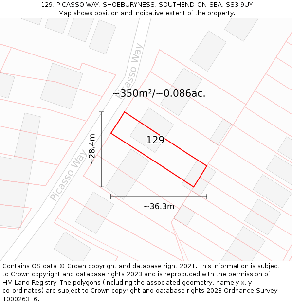 129, PICASSO WAY, SHOEBURYNESS, SOUTHEND-ON-SEA, SS3 9UY: Plot and title map