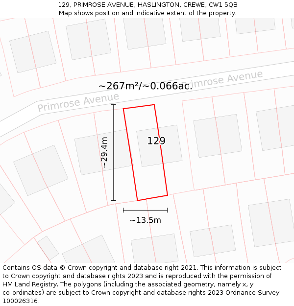 129, PRIMROSE AVENUE, HASLINGTON, CREWE, CW1 5QB: Plot and title map