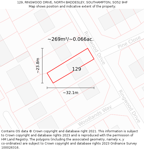 129, RINGWOOD DRIVE, NORTH BADDESLEY, SOUTHAMPTON, SO52 9HF: Plot and title map