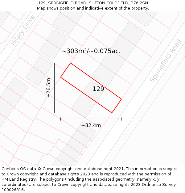 129, SPRINGFIELD ROAD, SUTTON COLDFIELD, B76 2SN: Plot and title map