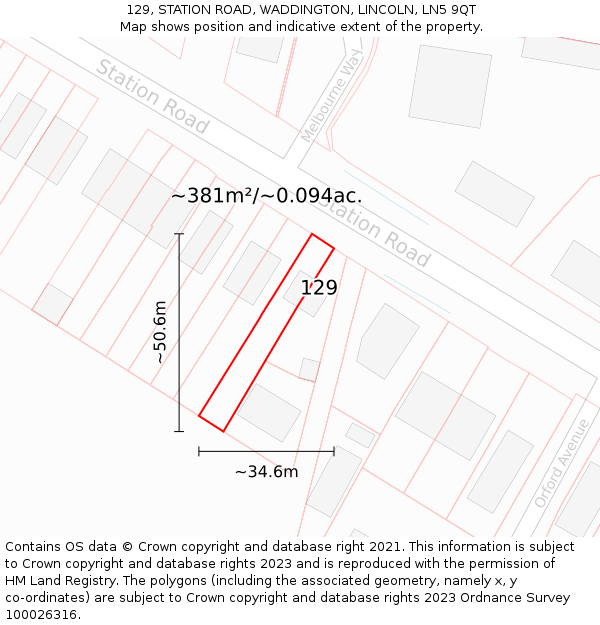 129, STATION ROAD, WADDINGTON, LINCOLN, LN5 9QT: Plot and title map