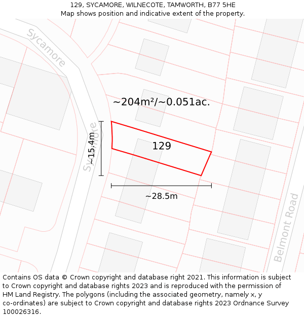 129, SYCAMORE, WILNECOTE, TAMWORTH, B77 5HE: Plot and title map