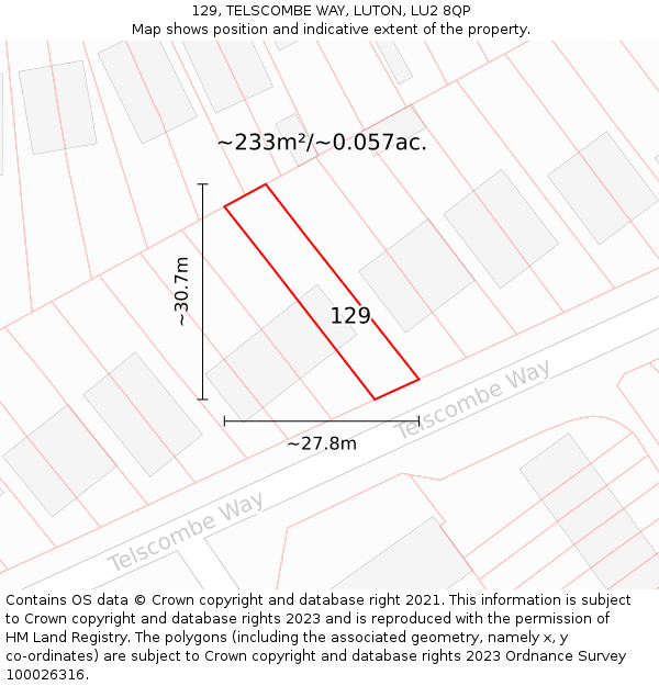 129, TELSCOMBE WAY, LUTON, LU2 8QP: Plot and title map