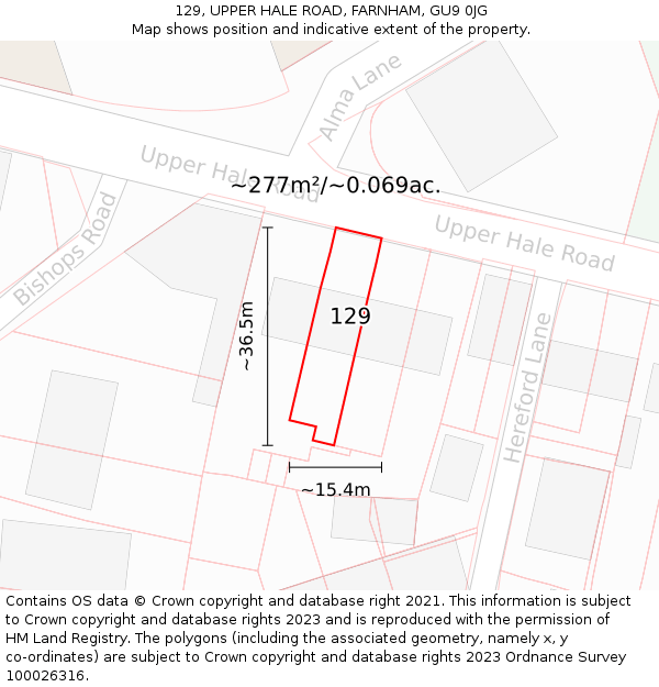 129, UPPER HALE ROAD, FARNHAM, GU9 0JG: Plot and title map