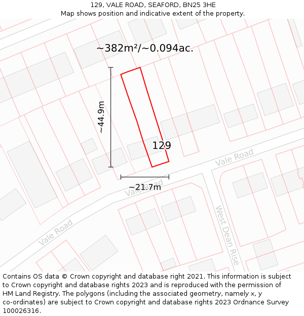 129, VALE ROAD, SEAFORD, BN25 3HE: Plot and title map