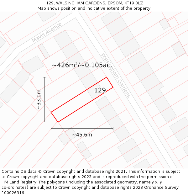 129, WALSINGHAM GARDENS, EPSOM, KT19 0LZ: Plot and title map