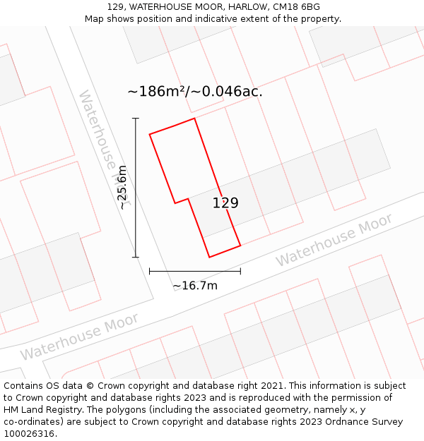 129, WATERHOUSE MOOR, HARLOW, CM18 6BG: Plot and title map