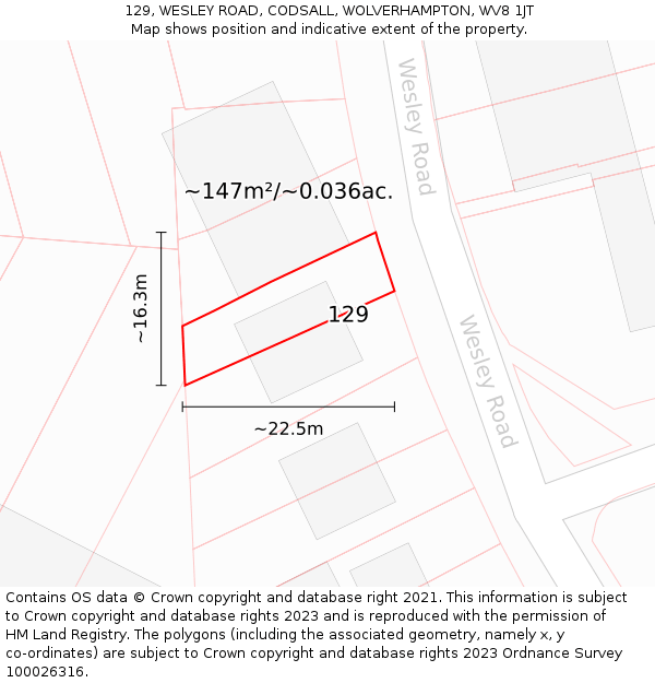 129, WESLEY ROAD, CODSALL, WOLVERHAMPTON, WV8 1JT: Plot and title map