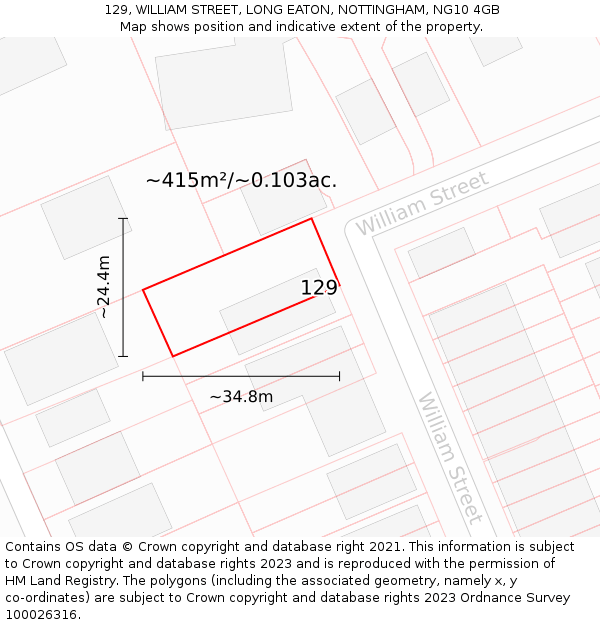 129, WILLIAM STREET, LONG EATON, NOTTINGHAM, NG10 4GB: Plot and title map