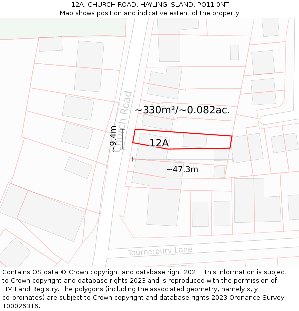 12A, CHURCH ROAD, HAYLING ISLAND, PO11 0NT: Plot and title map