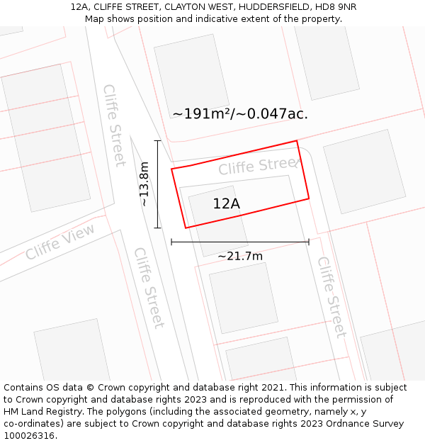 12A, CLIFFE STREET, CLAYTON WEST, HUDDERSFIELD, HD8 9NR: Plot and title map