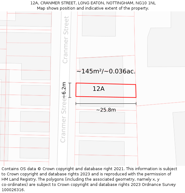 12A, CRANMER STREET, LONG EATON, NOTTINGHAM, NG10 1NL: Plot and title map