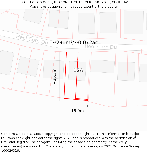 12A, HEOL CORN DU, BEACON HEIGHTS, MERTHYR TYDFIL, CF48 1BW: Plot and title map