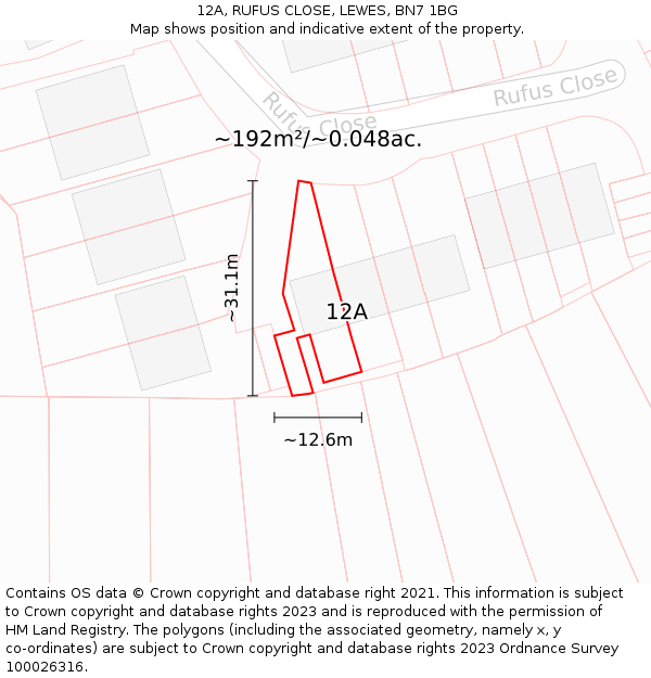 12A, RUFUS CLOSE, LEWES, BN7 1BG: Plot and title map