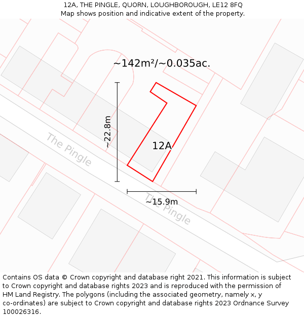 12A, THE PINGLE, QUORN, LOUGHBOROUGH, LE12 8FQ: Plot and title map