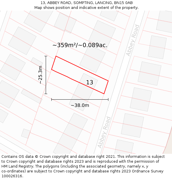 13, ABBEY ROAD, SOMPTING, LANCING, BN15 0AB: Plot and title map