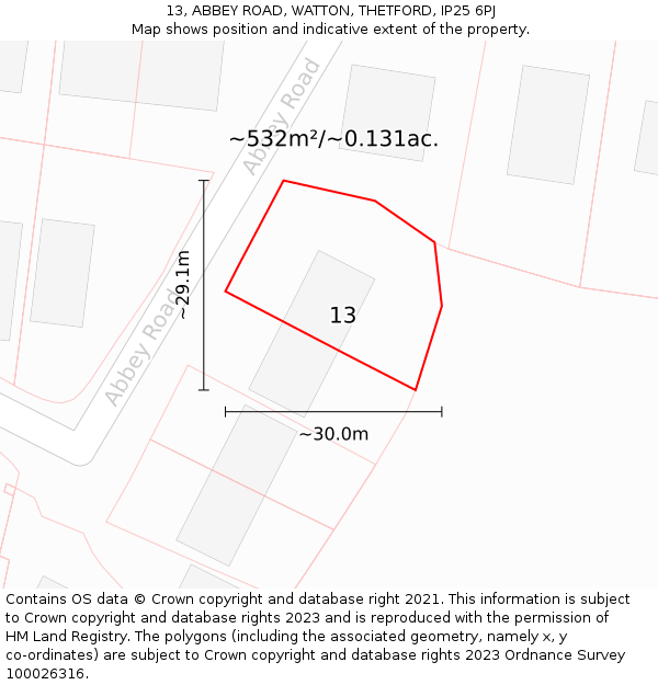 13, ABBEY ROAD, WATTON, THETFORD, IP25 6PJ: Plot and title map