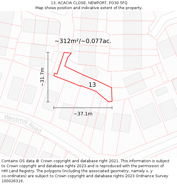 13, ACACIA CLOSE, NEWPORT, PO30 5FQ: Plot and title map