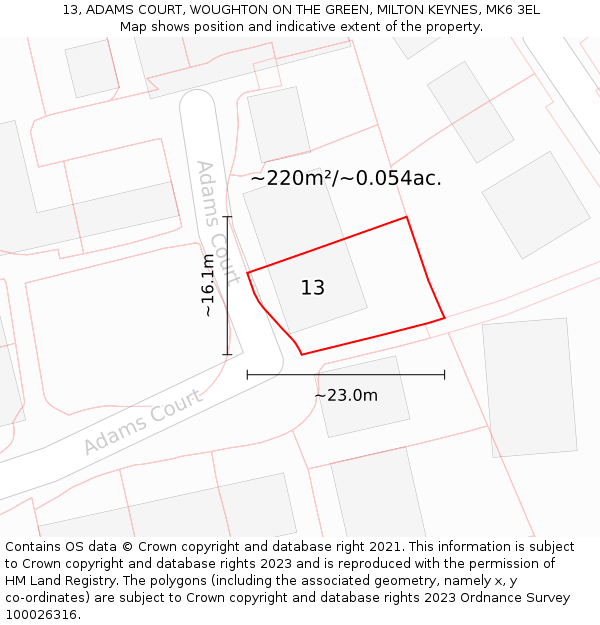 13, ADAMS COURT, WOUGHTON ON THE GREEN, MILTON KEYNES, MK6 3EL: Plot and title map