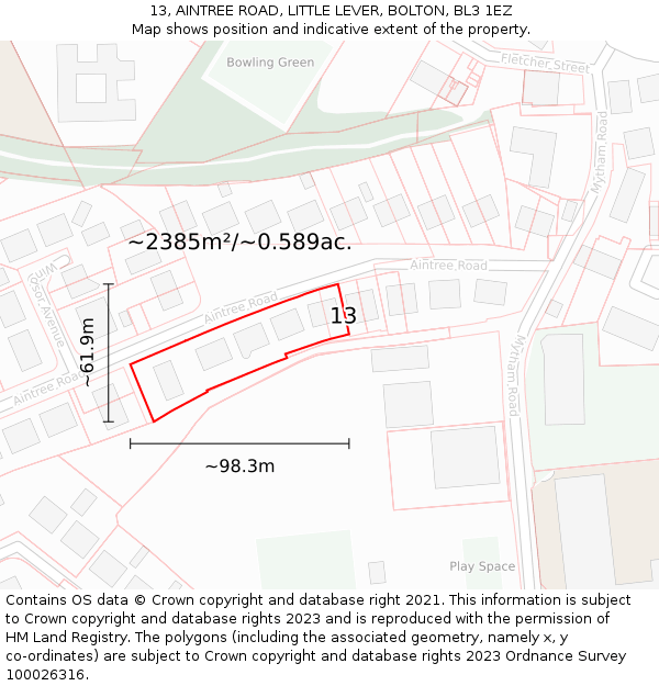 13, AINTREE ROAD, LITTLE LEVER, BOLTON, BL3 1EZ: Plot and title map