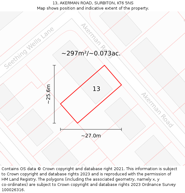 13, AKERMAN ROAD, SURBITON, KT6 5NS: Plot and title map