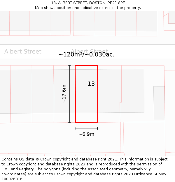 13, ALBERT STREET, BOSTON, PE21 8PE: Plot and title map