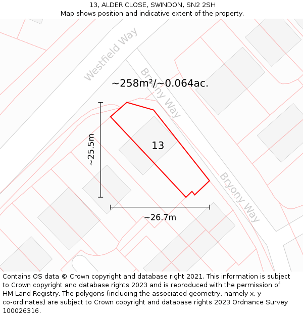 13, ALDER CLOSE, SWINDON, SN2 2SH: Plot and title map