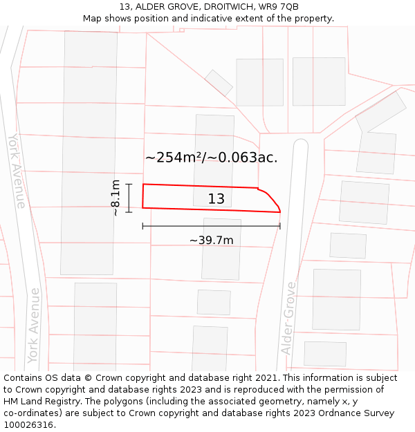 13, ALDER GROVE, DROITWICH, WR9 7QB: Plot and title map