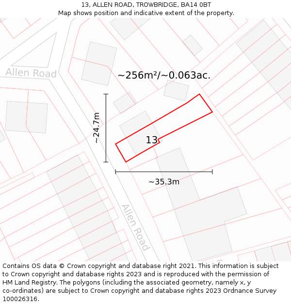 13, ALLEN ROAD, TROWBRIDGE, BA14 0BT: Plot and title map