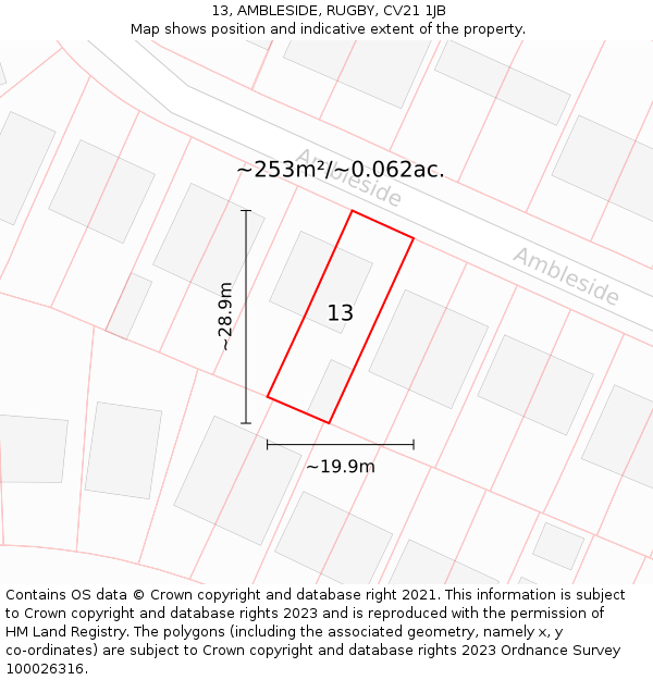 13, AMBLESIDE, RUGBY, CV21 1JB: Plot and title map