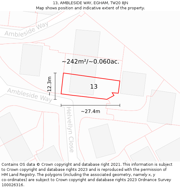 13, AMBLESIDE WAY, EGHAM, TW20 8JN: Plot and title map