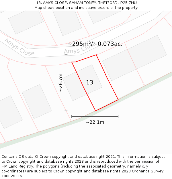 13, AMYS CLOSE, SAHAM TONEY, THETFORD, IP25 7HU: Plot and title map