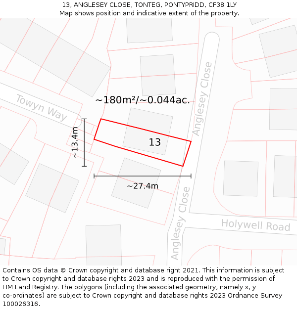 13, ANGLESEY CLOSE, TONTEG, PONTYPRIDD, CF38 1LY: Plot and title map