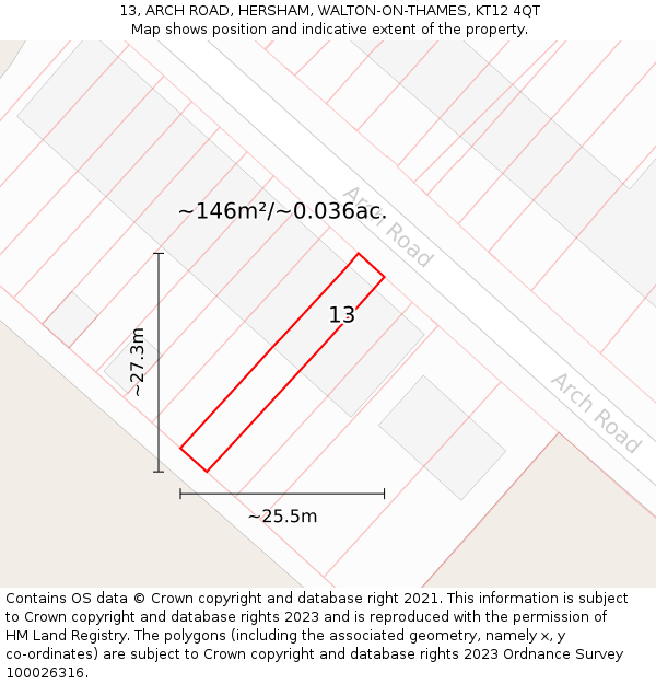 13, ARCH ROAD, HERSHAM, WALTON-ON-THAMES, KT12 4QT: Plot and title map