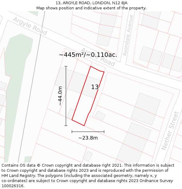 13, ARGYLE ROAD, LONDON, N12 8JA: Plot and title map