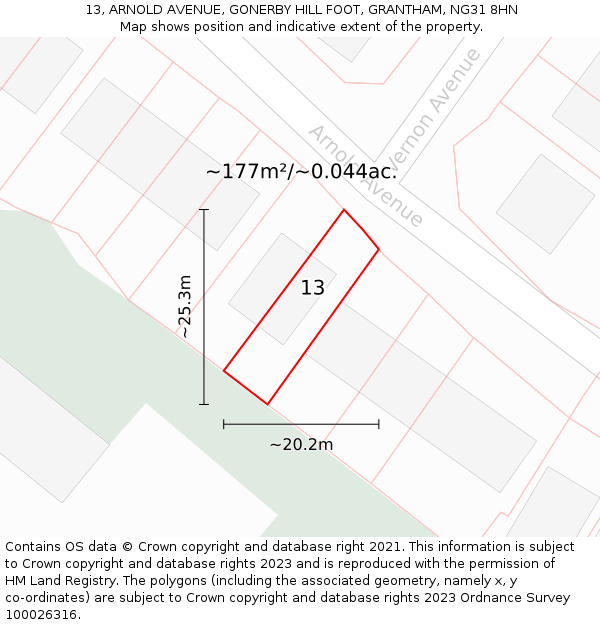 13, ARNOLD AVENUE, GONERBY HILL FOOT, GRANTHAM, NG31 8HN: Plot and title map