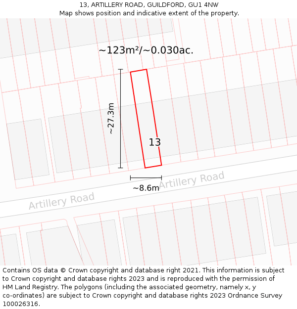 13, ARTILLERY ROAD, GUILDFORD, GU1 4NW: Plot and title map