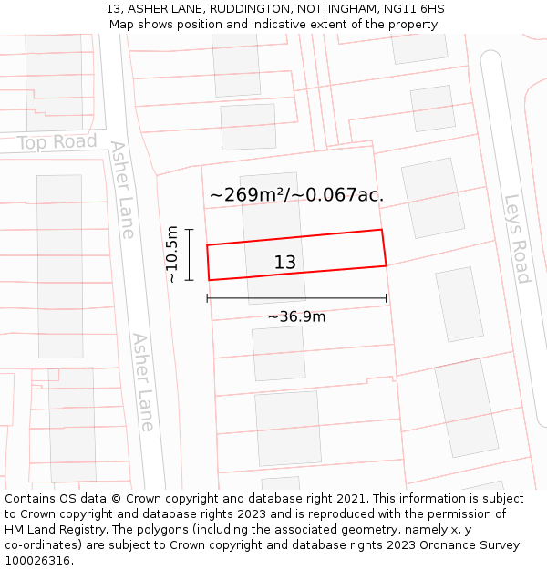 13, ASHER LANE, RUDDINGTON, NOTTINGHAM, NG11 6HS: Plot and title map