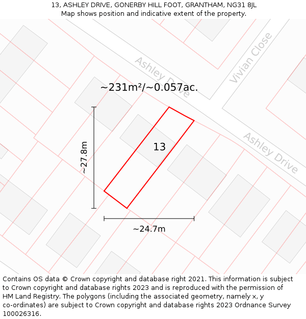 13, ASHLEY DRIVE, GONERBY HILL FOOT, GRANTHAM, NG31 8JL: Plot and title map