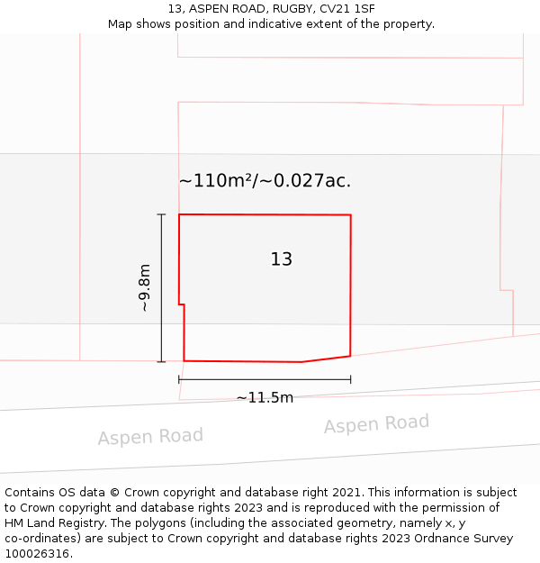 13, ASPEN ROAD, RUGBY, CV21 1SF: Plot and title map