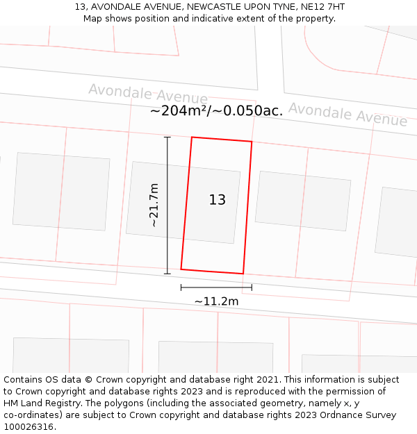 13, AVONDALE AVENUE, NEWCASTLE UPON TYNE, NE12 7HT: Plot and title map