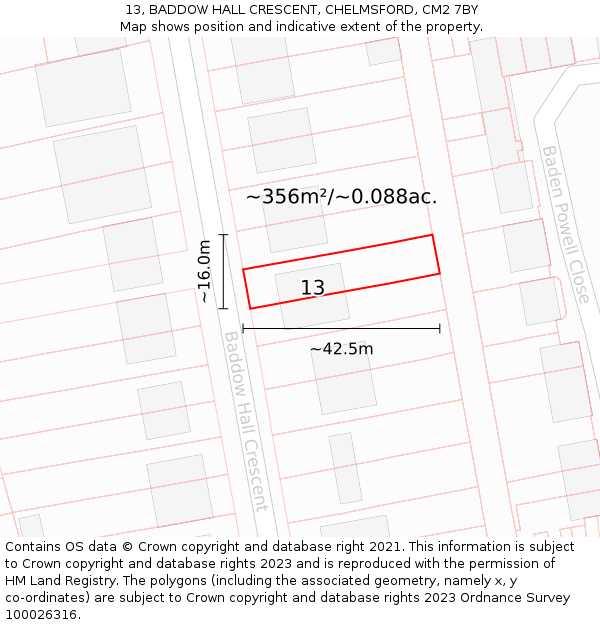 13, BADDOW HALL CRESCENT, CHELMSFORD, CM2 7BY: Plot and title map