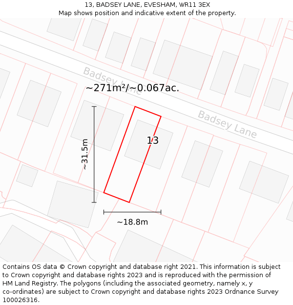 13, BADSEY LANE, EVESHAM, WR11 3EX: Plot and title map