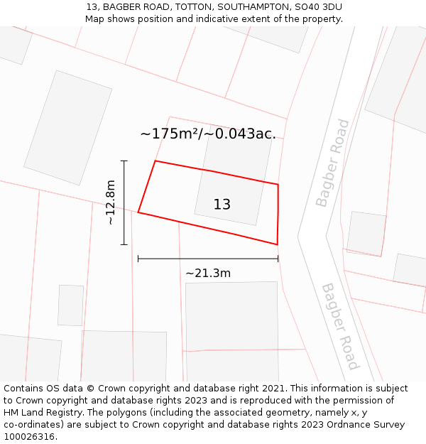 13, BAGBER ROAD, TOTTON, SOUTHAMPTON, SO40 3DU: Plot and title map