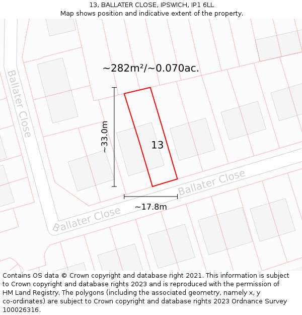 13, BALLATER CLOSE, IPSWICH, IP1 6LL: Plot and title map